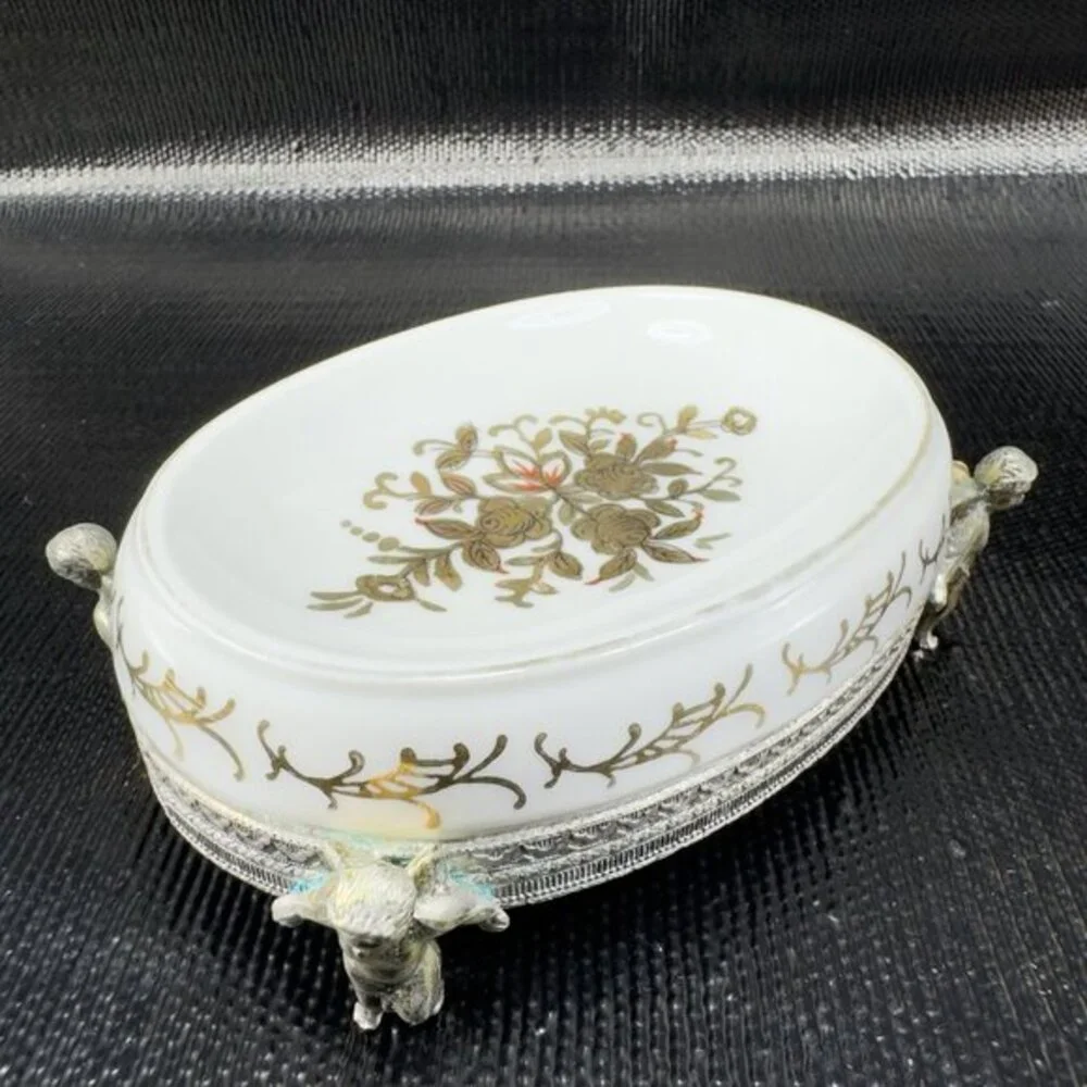 Vintage TAJ Japan Metal Cherubs Footed Porcelain Soap Dish Trinket Dish Holder‎